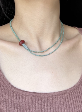 LYUMIN原创 细雨中式复古双层湖蓝色小众锁骨链捷克珠串珠项链