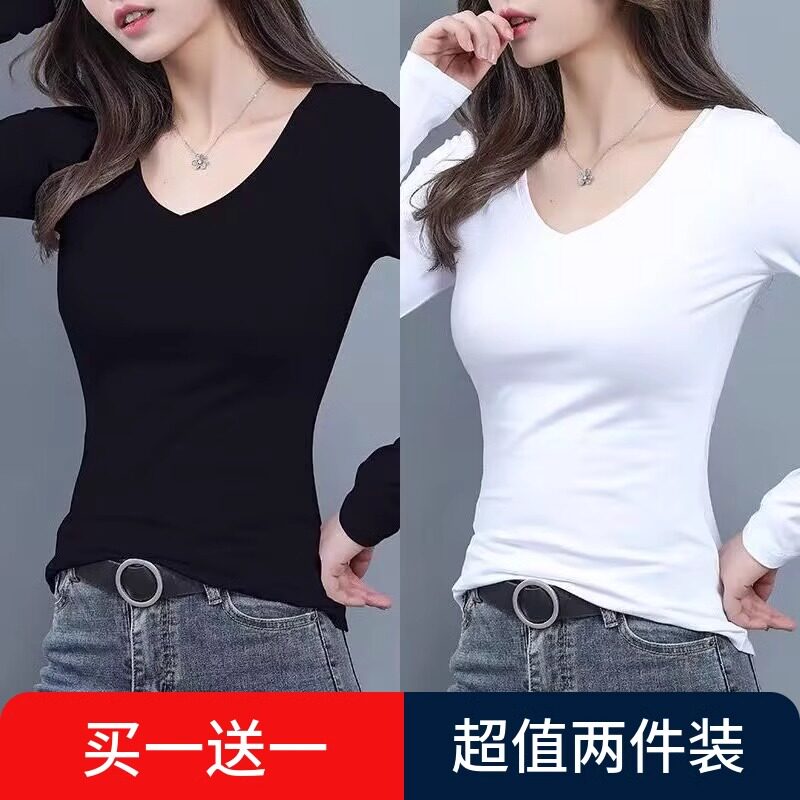 加绒加厚纯色内搭弹力打底衫女新款春秋季修身显瘦长袖t恤上衣服