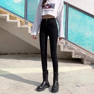 女人干活穿的耐磨耐脏工地牛仔裤女高腰直筒弹力显瘦九分小脚裤子