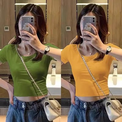 清仓捡漏~专柜撤回夏季新款显瘦短袖t恤女紧身露脐内搭打底衫上衣