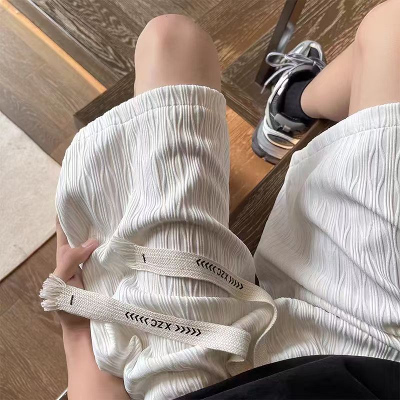 清仓捡漏夏季新款波浪纹冰丝短裤女宽松沙滩裤直筒休闲百搭五分裤