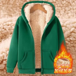 女人干活穿的韩版新款冬季简约卫衣女加绒加厚羊羔绒连帽初冬外套