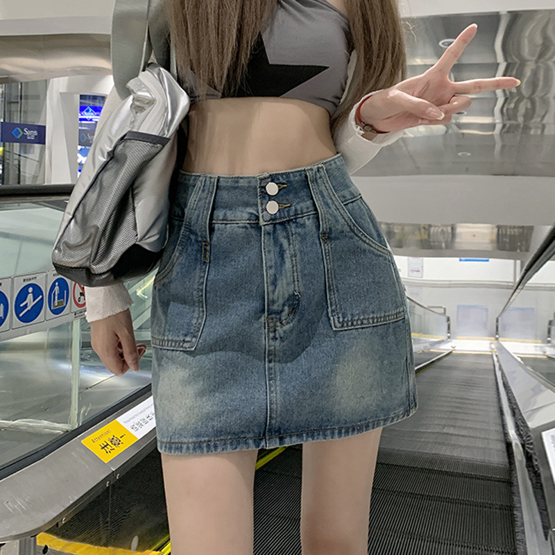 辣妹复古牛仔半身裙裤女装大码夏季a字半裙高腰小个子包臀短裙子