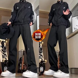 黑色束脚冲锋裤女款户外登山防风防水美式直筒加绒工装裤子秋冬季