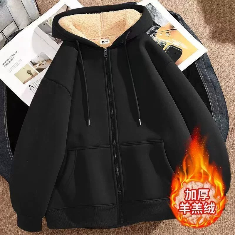 羊羔绒连帽卫衣男女2026新款秋冬季加绒加厚保暖上衣宽松开衫外套