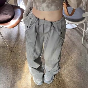 女人干活穿的工装裤男女高街设计抽绳嘻哈宽松阔腿垂感慵懒风裤子