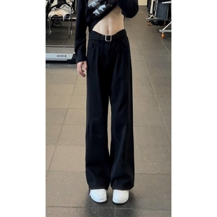 黑色柳叶弯刀牛仔裤男女秋冬季修身显瘦直筒裤子高街vibe风微喇裤