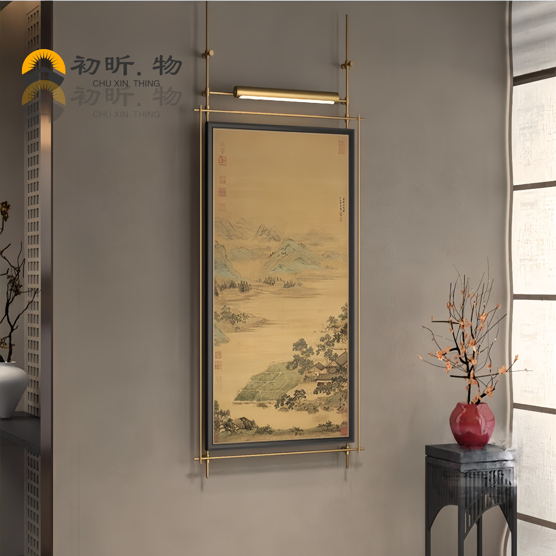 中古装饰画茶室玄关过道轻奢带灯挂画竖版高级感立体客厅背景墙画