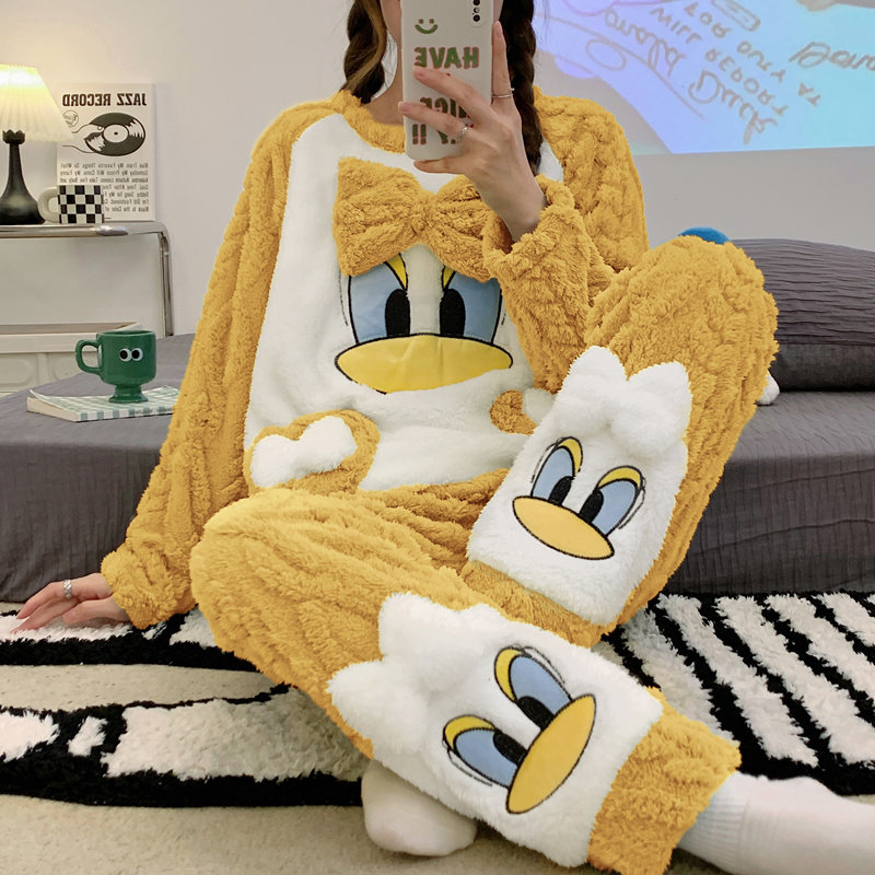 睡衣女冬季法兰绒加厚加绒2026年新款珊瑚绒黄色鸭长袖秋冬家居服