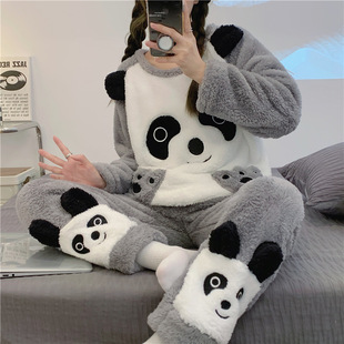 灰白熊猫睡衣冬季女2024年新款法兰绒加绒加厚秋冬款珊瑚绒家居服