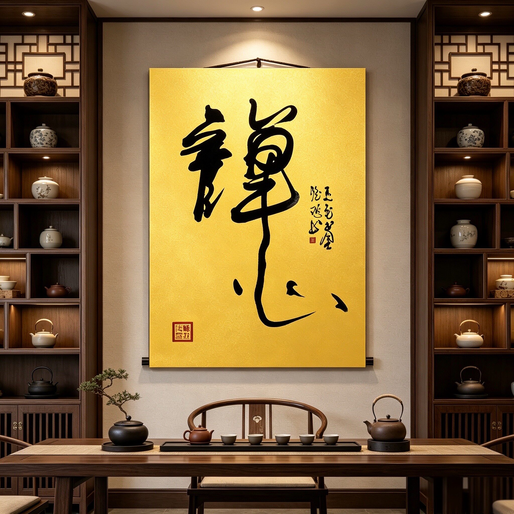 禅心字书法挂画新中式茶室客厅玄关装饰画静心修行竖版卷轴字画