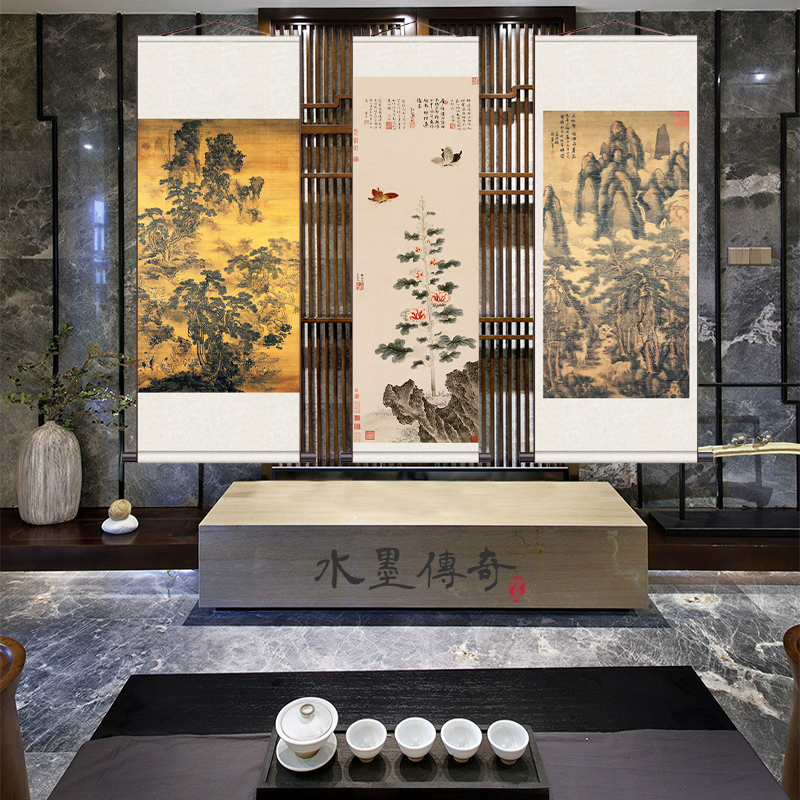 明 戴进 长松五鹿挂画/葵石峡蝶图装饰画/ 春酣图国画中式卷轴画