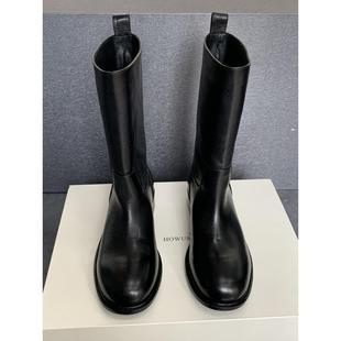 授权HOWUS靴子女韩国真皮中筒靴低跟平底百搭韩版骑士靴短靴