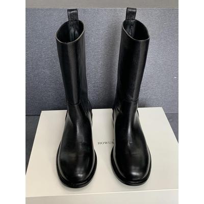 授权HOWUS靴子女韩国真皮中筒靴低跟平底百搭韩版骑士靴短靴