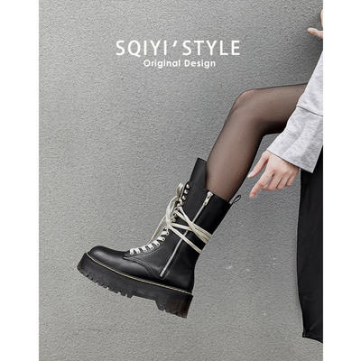 真皮朴彩英同款系带马丁靴女夏款厚底中筒帅气骑士靴辣妹短靴
