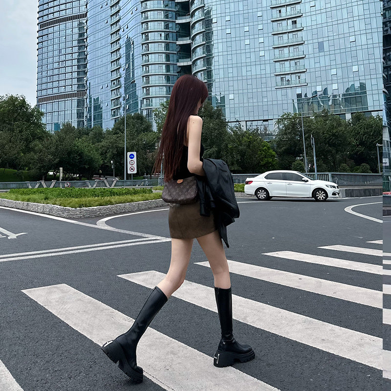 松糕厚底瘦瘦靴女夏天显瘦增高长筒骑士靴平底不过膝长靴子