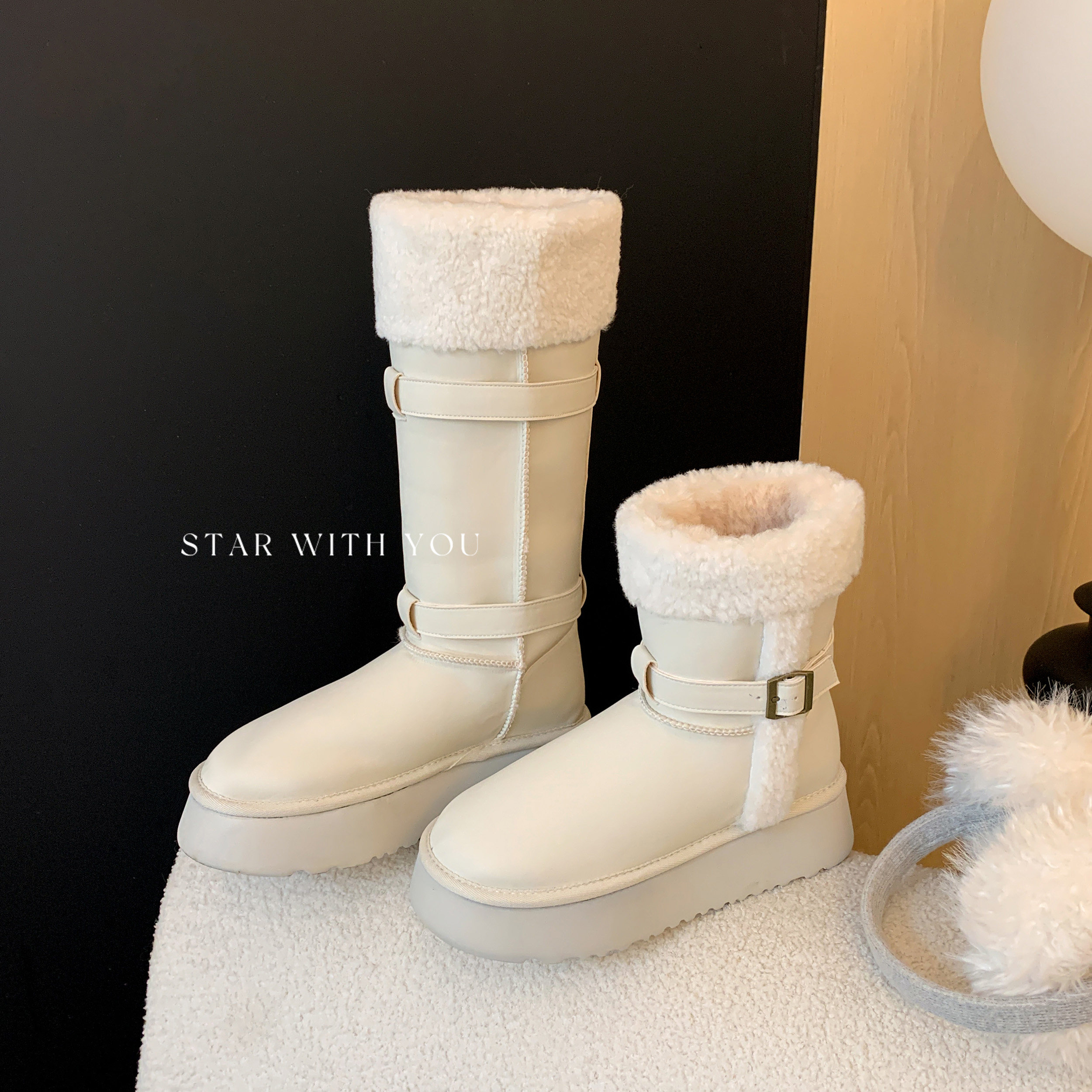 【STAR】韩系休闲厚底增高羊卷毛保暖双皮带扣雪地靴韩版冬季,女鞋,时尚雪地靴,淘宝优惠券,粉丝福利购,淘宝优惠卷