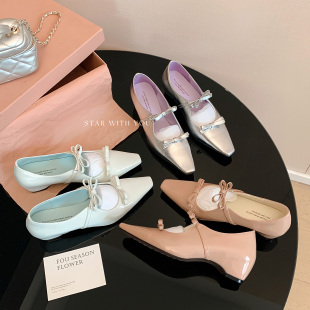 气质温柔小众尖头百搭浅口粗跟单鞋 蝴蝶结玛丽珍法式 2cm STAR