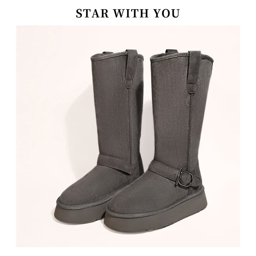 【STAR】新款设计感皮带扣加绒保暖休闲时尚厚底增高雪地靴4cm