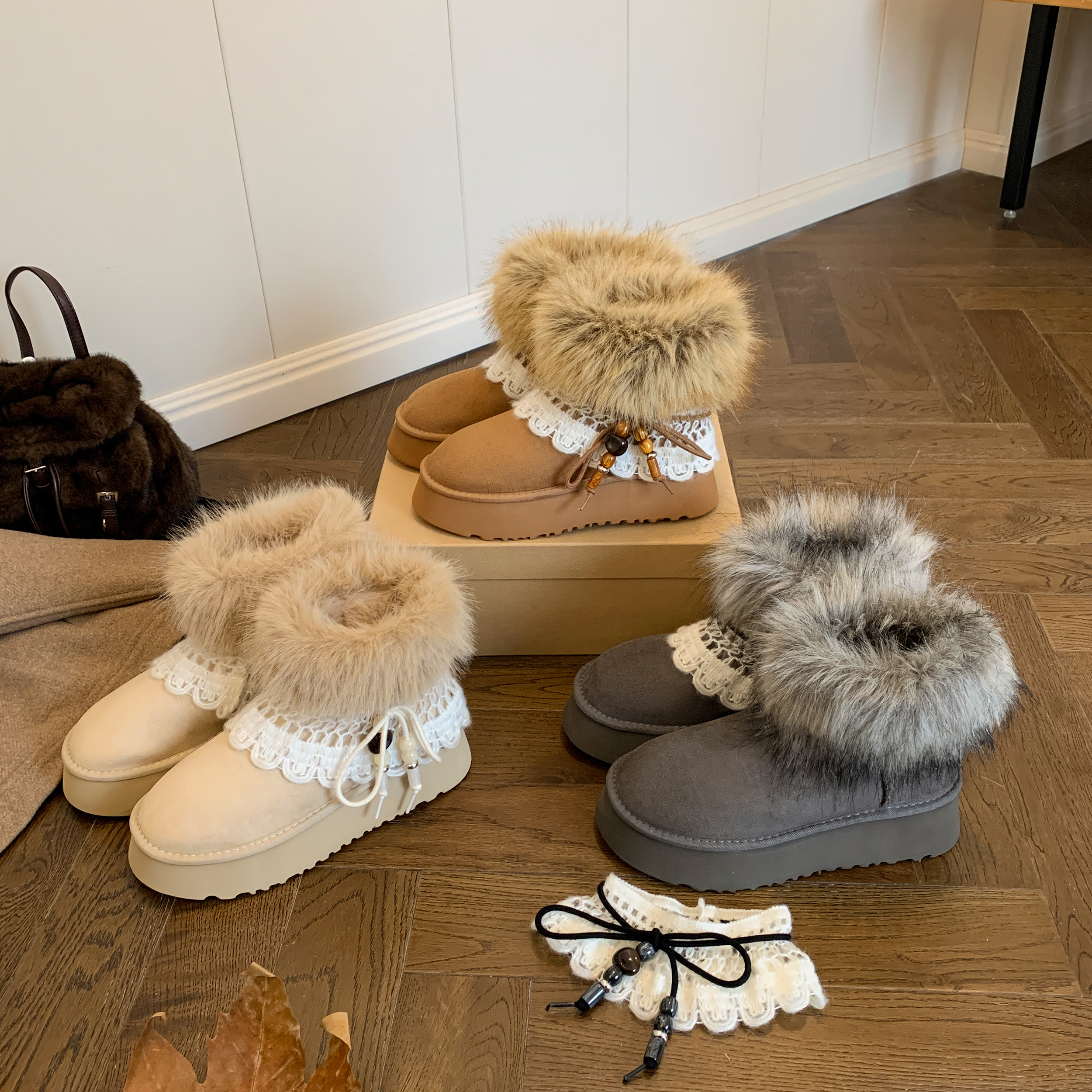 【STAR】时尚费尔岛毛毛鞋厚底保暖加绒加厚雪地靴4cm