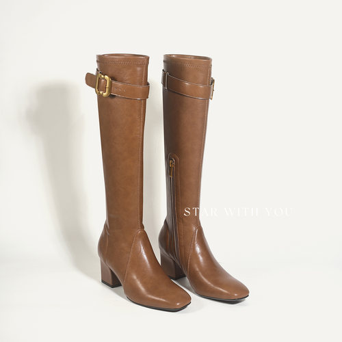 【STAR】小众秀场款英伦风气质MIU系复古方头皮带扣做旧长靴6cm