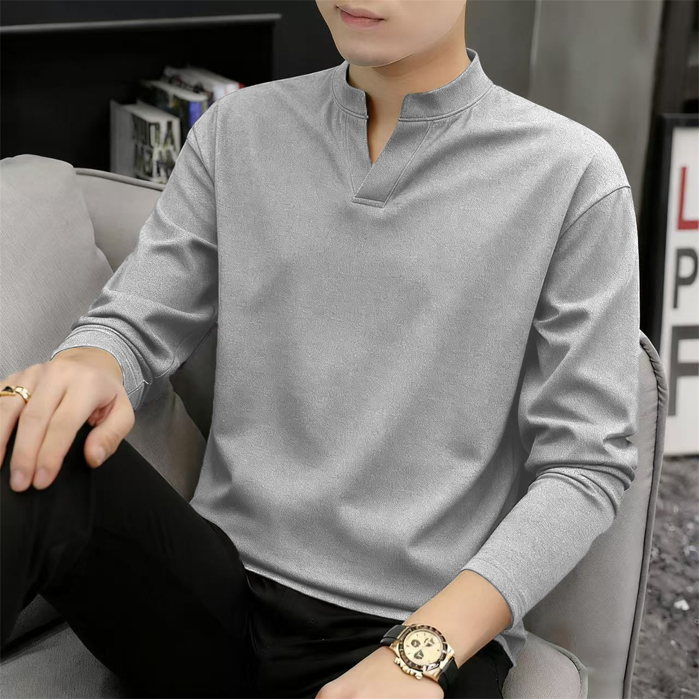 德绒V领打底衫美式内搭t恤上衣男