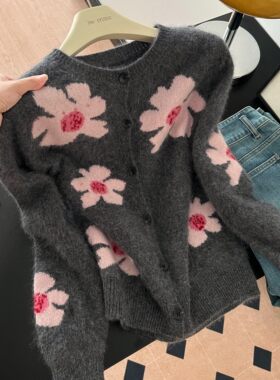 深灰色羊毛拉绒提花毛衣外套女厚