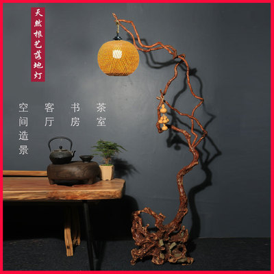 茶室茶桌搭配根雕灯落地摆件