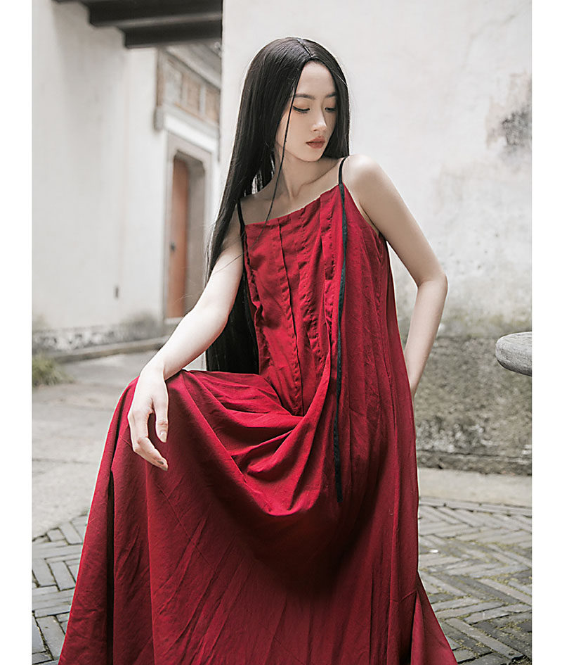 文艺复古风撞色肩带连衣裙春夏季高个子双层纯棉吊带裙暗红长裙子