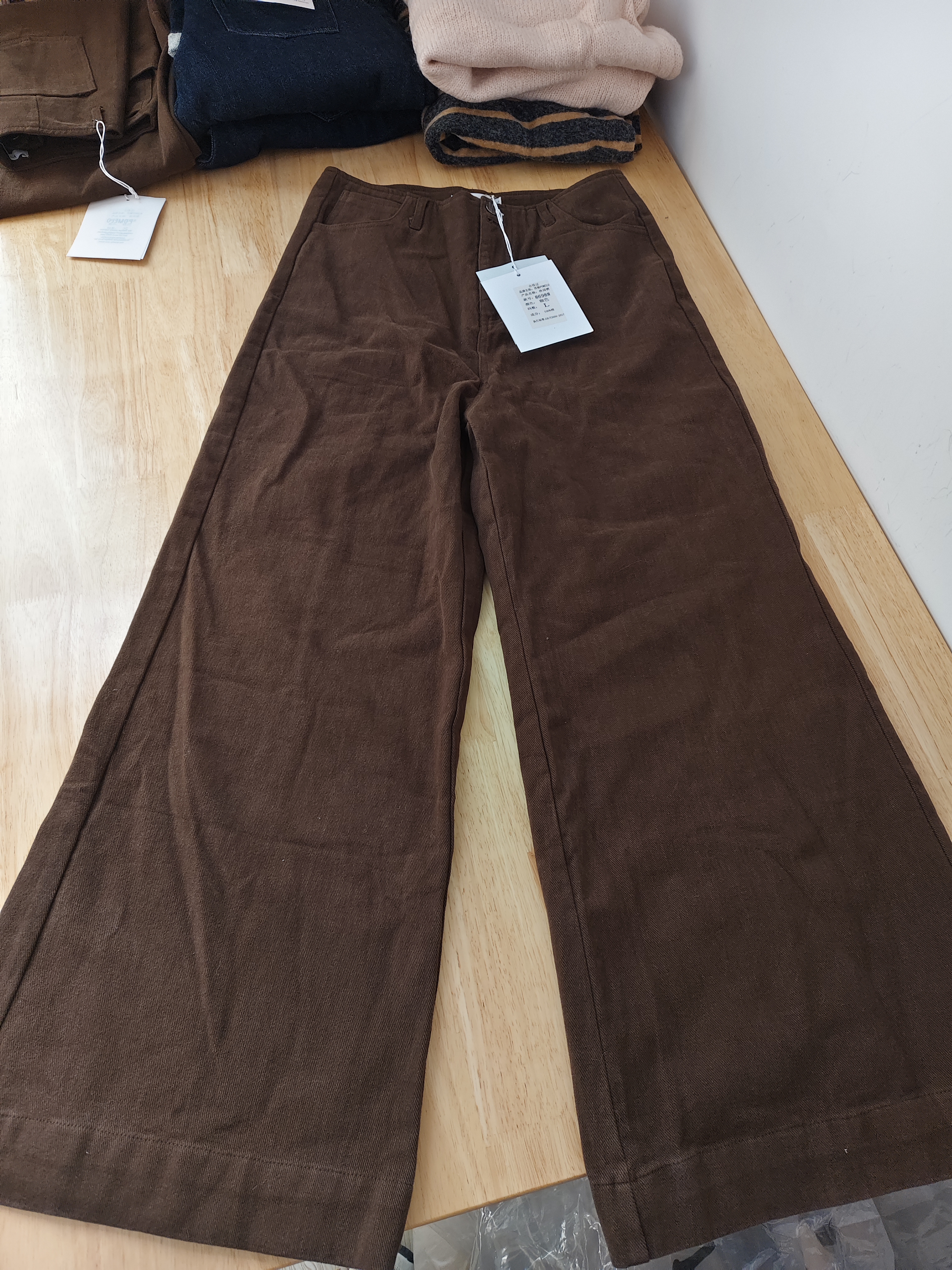 特清/微粘灰/西柚家咖色纯棉磨毛阔腿裤女秋冬休闲裤M/L码