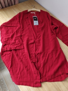外搭 宽松中长款 特清 文艺大红色棉麻开衫