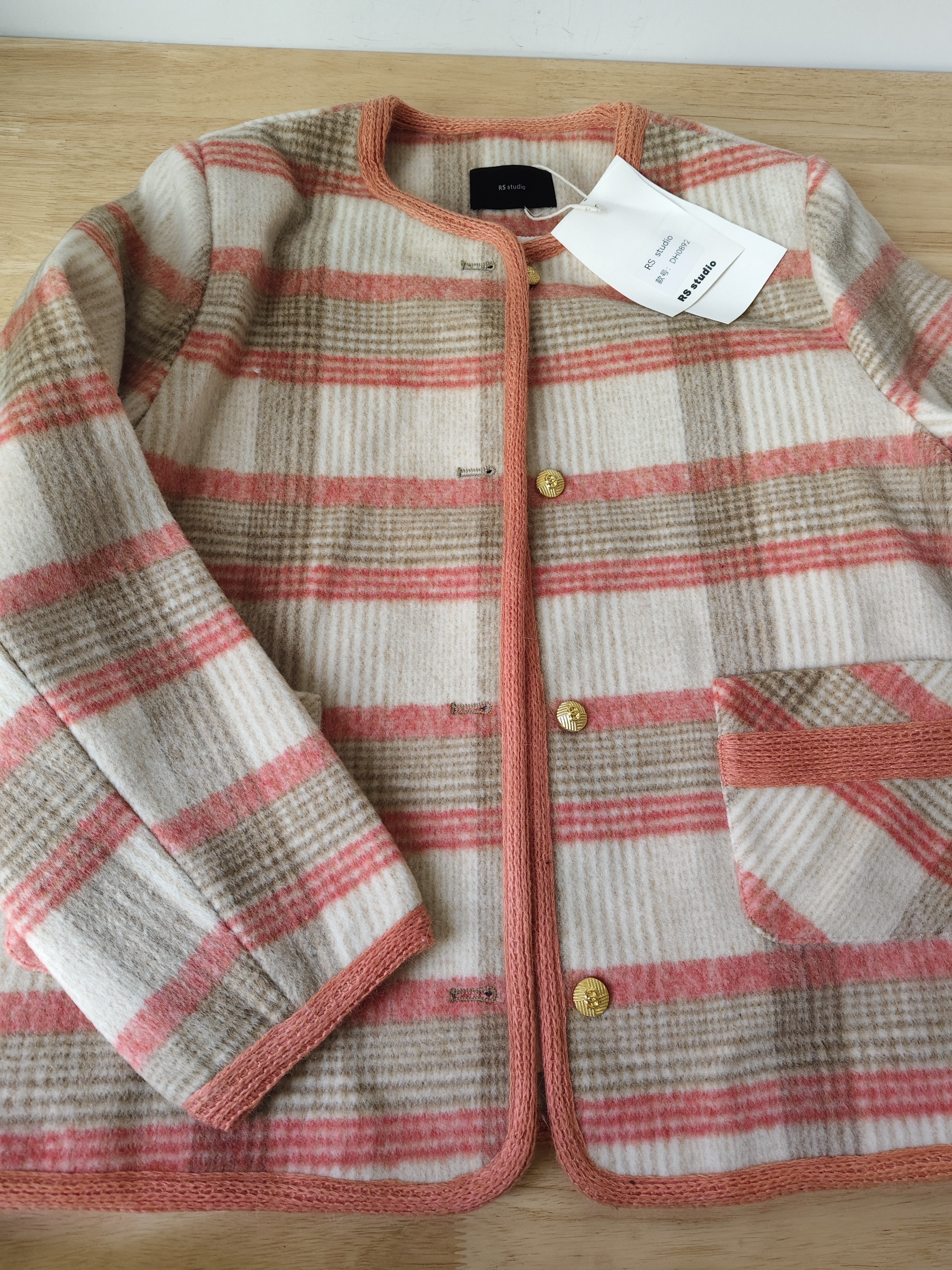 特清/RS studio橘色格子短款羽绒毛呢外套女秋冬胸围110衣长63