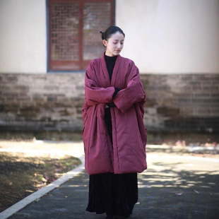 桃皮绒禅意大码 冬季 夹棉长外套 棉服棉衣女式 复古国风超宽松中长款