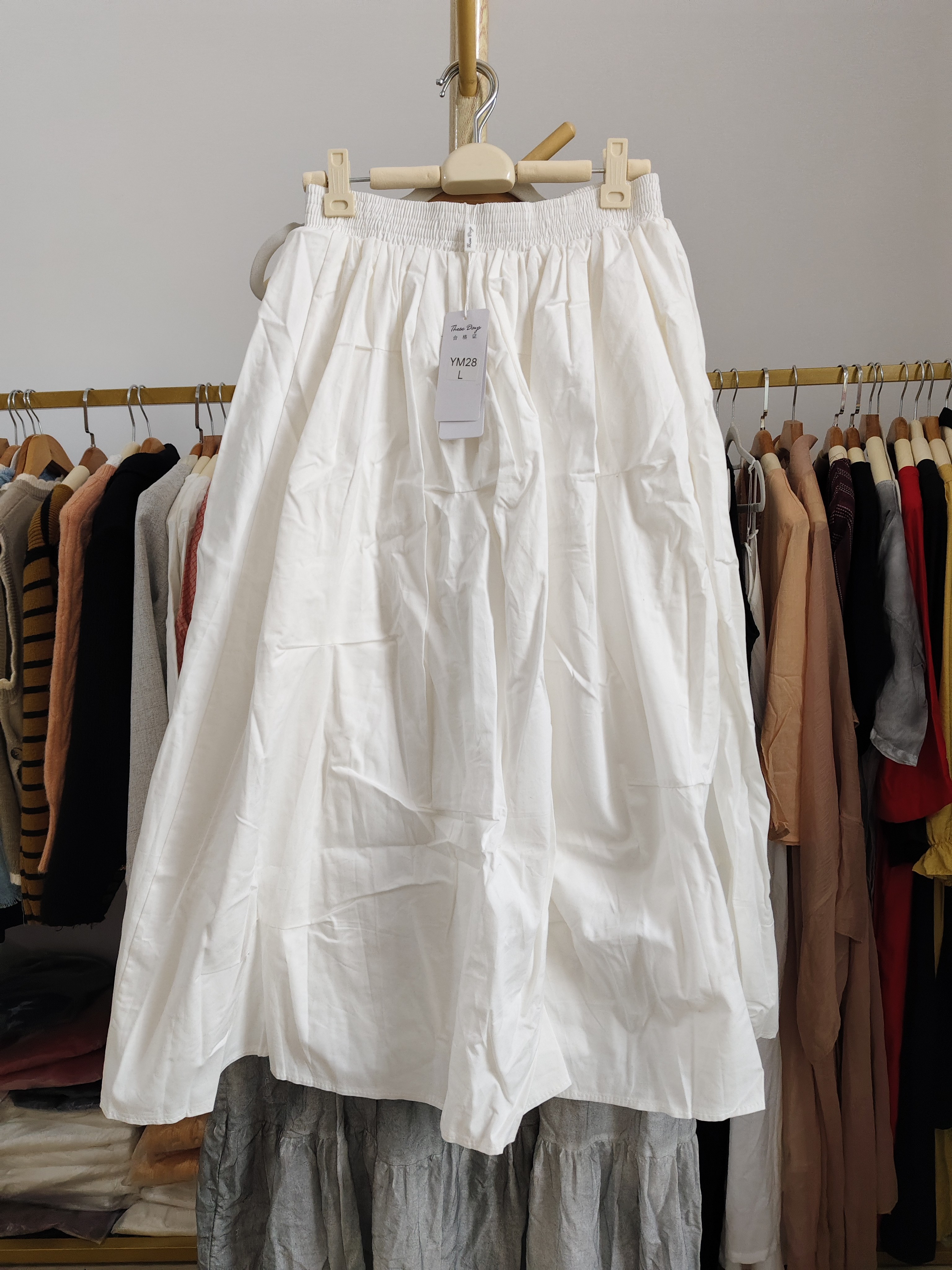 特价清/文艺白色捏褶半身裙中长款大摆裙子春秋松紧腰62-90 长84