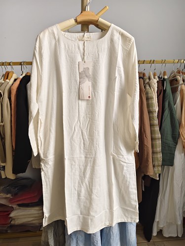 特价清/文艺圆领白色棉麻连衣裙袍子女中长款裙子 胸围108 裙长95