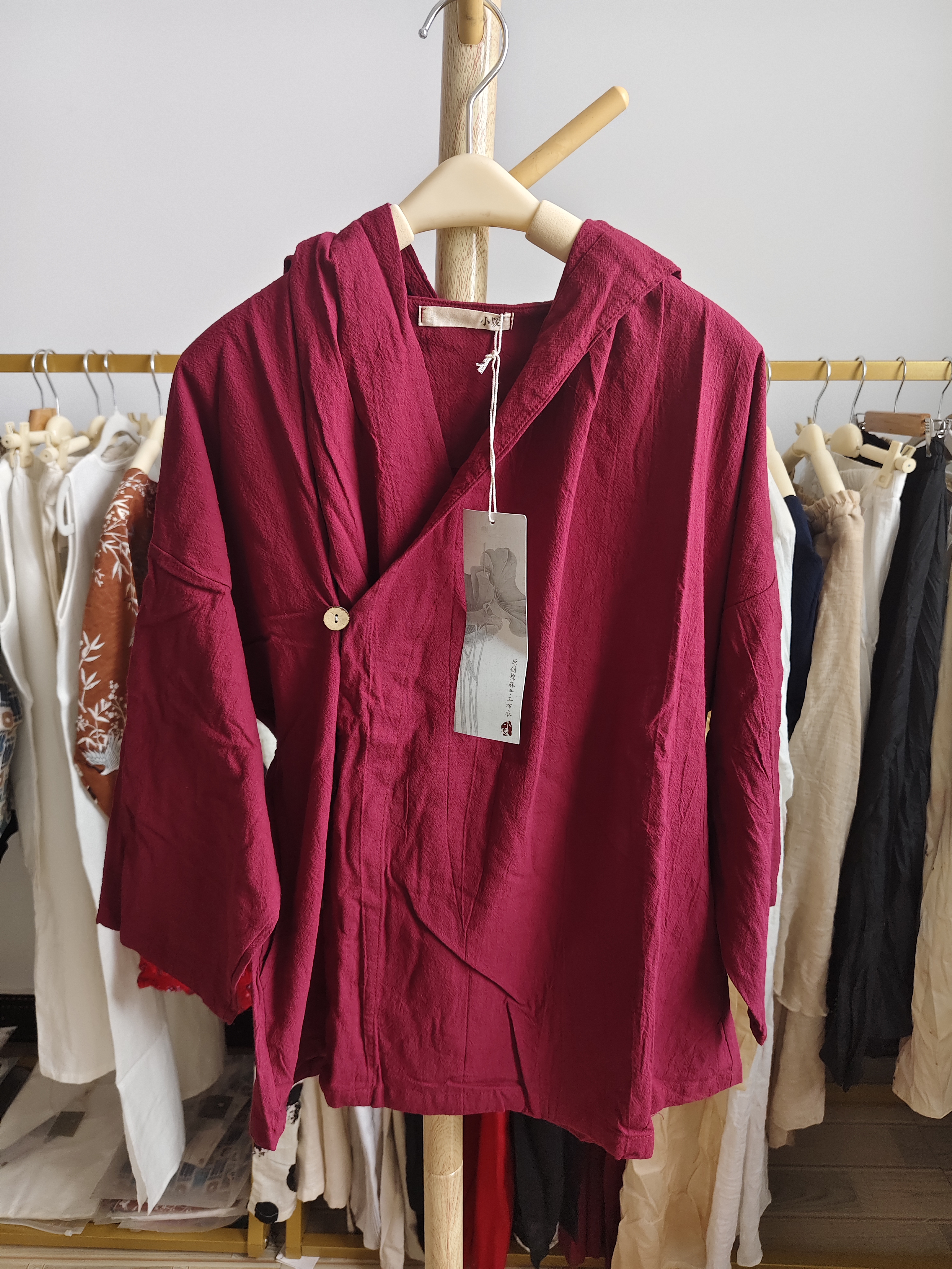 特价清/复古暗红色棉麻连帽开衫短款薄外套女 胸围110衣长67
