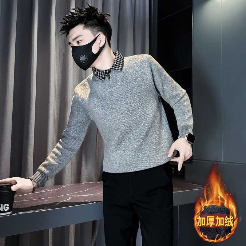 155矮个子小码男装衬衫领加绒毛衣XS码S号冬季潮流假两件针织线衣