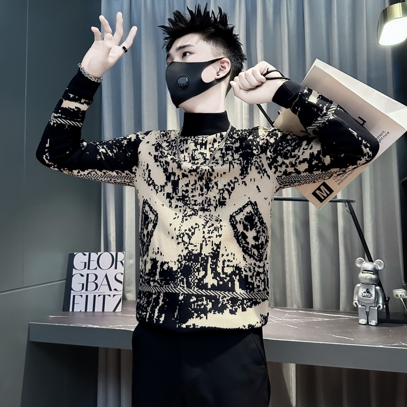 高级感提花小码男装半高领毛衣XS码S号矮个子155冬季潮流修身线衣