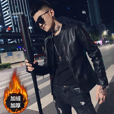 秋冬季小码男装痞帅加绒修身Pu皮衣外套XS码S矮个子155短款皮夹克