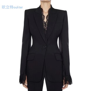 2024新品气质女神范拼接蕾丝西装领开叉袖口修身一粒扣中长款套装