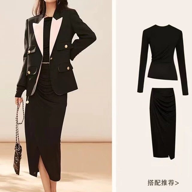 2025黑色西装女职场西装装通勤简约时尚老钱风双排扣多口袋外套