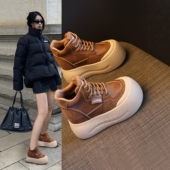 时尚 爆款 秋冬加绒小个子运动鞋 女2026新款 厚底雪地靴子 真皮高帮鞋