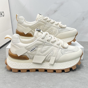 厚底增高老爹鞋女款2026秋季新款百搭休闲运动轻便真皮华夫阿甘鞋