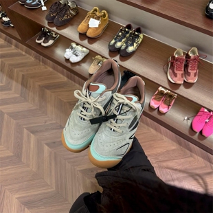 羊皮！德训鞋女款小众不撞款浅绿色圆头系带赛车鞋厚底休闲运动鞋