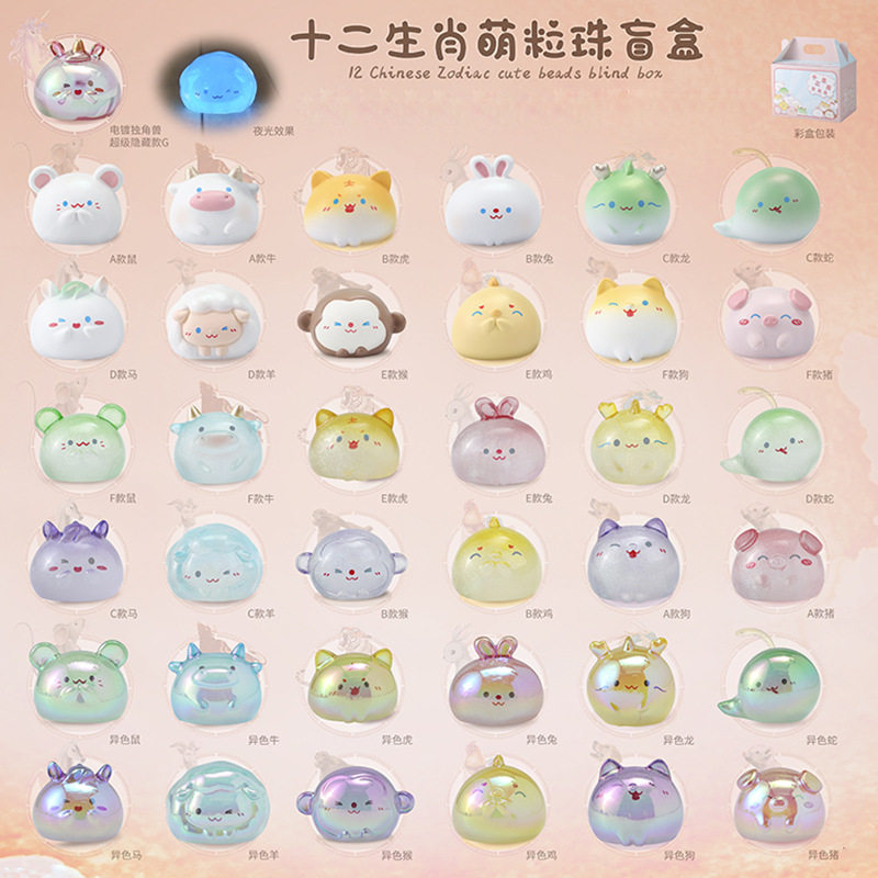 网红抖音十二生肖萌粒珠幸运小团子盲盒生日礼物卡通迷你桌面摆件