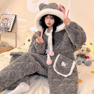 珊瑚绒睡袍女款冬季加厚加绒三层夹棉袄睡衣中长款冬天浴袍家居服