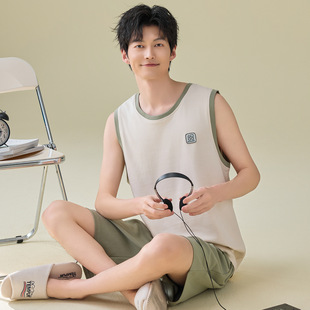 青年背心短裤 纯棉无袖 2026新款 夏季 凉感100%全棉男家居服 睡衣男士
