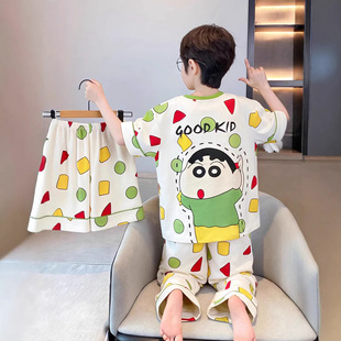 100%纯棉男童睡衣短袖长裤三件套装夏季青少年卡通男孩家居服新款