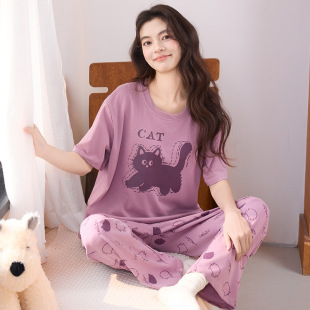 夏季 睡衣纯棉长裤 女款 带胸垫家居服全棉大码 2026新款 套装 女士短袖