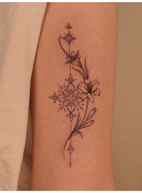 手臂纹身贴曼陀罗几何线条花卉百合花黑色仿真唯美设计纹身贴持久
